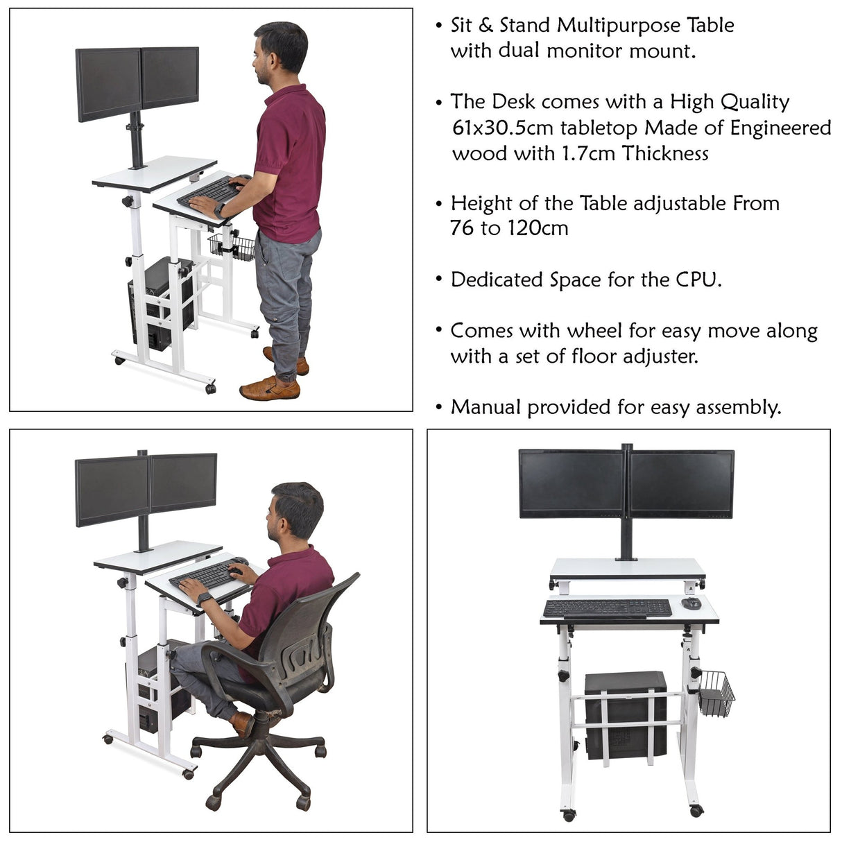 Isomars Desktop Table with dual Monitor Mount - Adjustable Height & Angles, Computer Workstation Useful for Gadgets Like Desktop, Laptop- Made in India (white). - Isomars