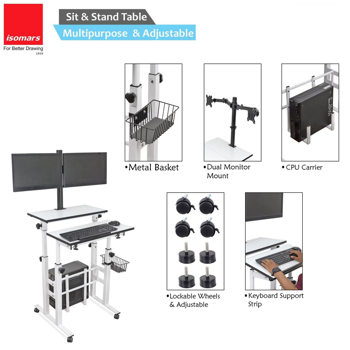 Isomars Desktop Table with dual Monitor Mount - Adjustable Height & Angles, Computer Workstation Useful for Gadgets Like Desktop, Laptop- Made in India (white). - Isomars