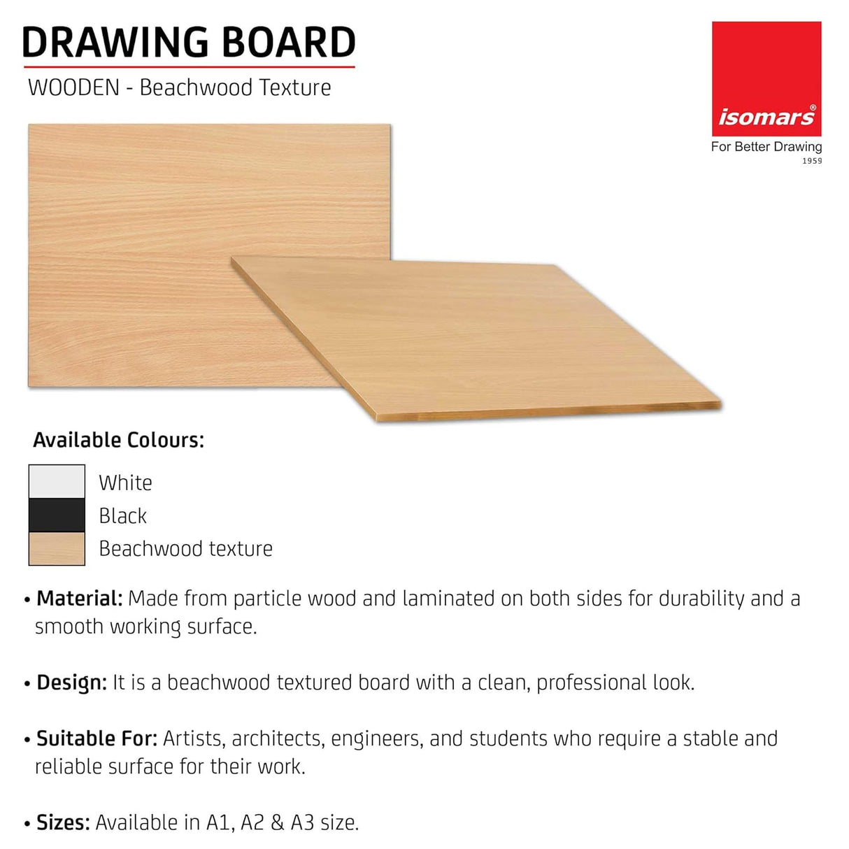 Isomars Drawing Both Side Laminated Beachwood-Textured Board - Full Imperial A2 (18.5 x 25.5 Inch) Size Board – for Artists, Architects, Engineers, Draftsmen Etc. - Isomars
