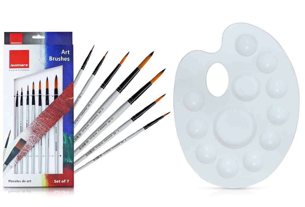 Isomars Drawing Brush Set Round Set of 7 with Colour Palette | Premium Golden Taklon Synthetic Artist Brushes with White Mixing Palette for Acrylic, Watercolor, Oil & Face Painting - Isomars
