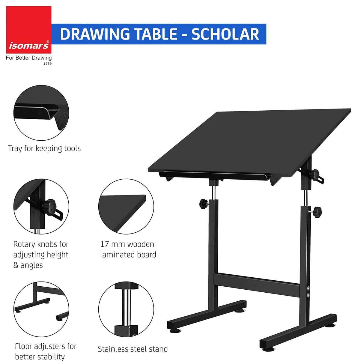 Isomars Drawing & Drafting Table - Scholar | with A1 25.5x35 Inch Size Black Laminated Board | Adjustable Height & Angle | Ideal for Engineers, Architects, Draftsmen, Designers Etc. - Isomars