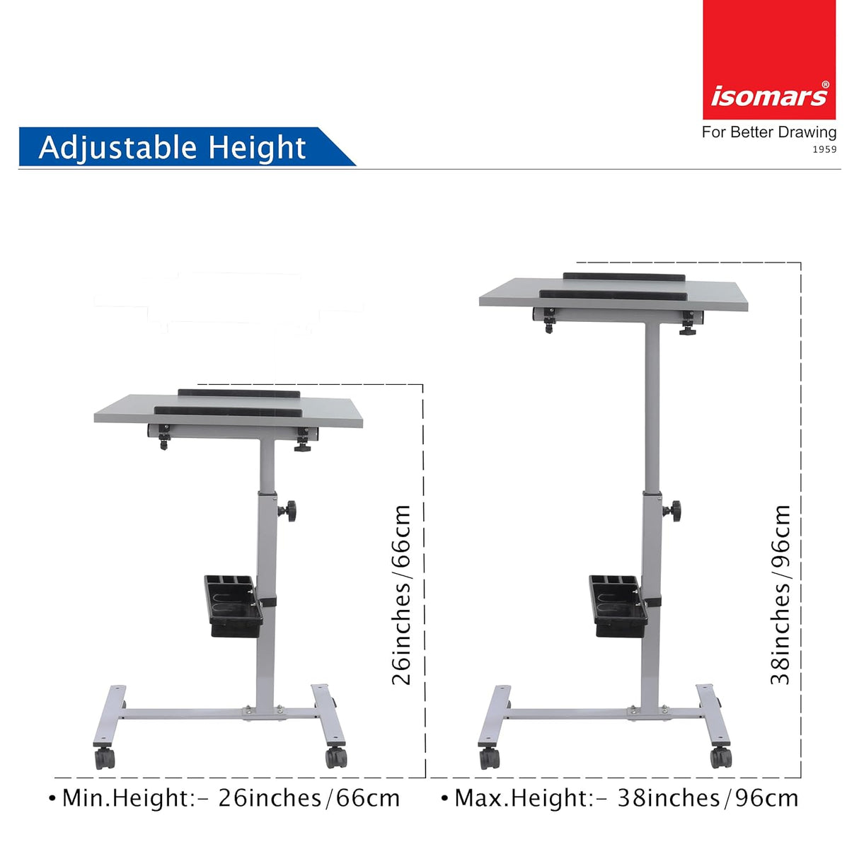 Isomars Engineered Wood Standing Table | Adjustable Height & Angle Multipurpose Laptop Study Desk with Lockable Wheels | Sit Stand WFH, Online Class, Breakfast & Bedside Table (Grey) - Isomars