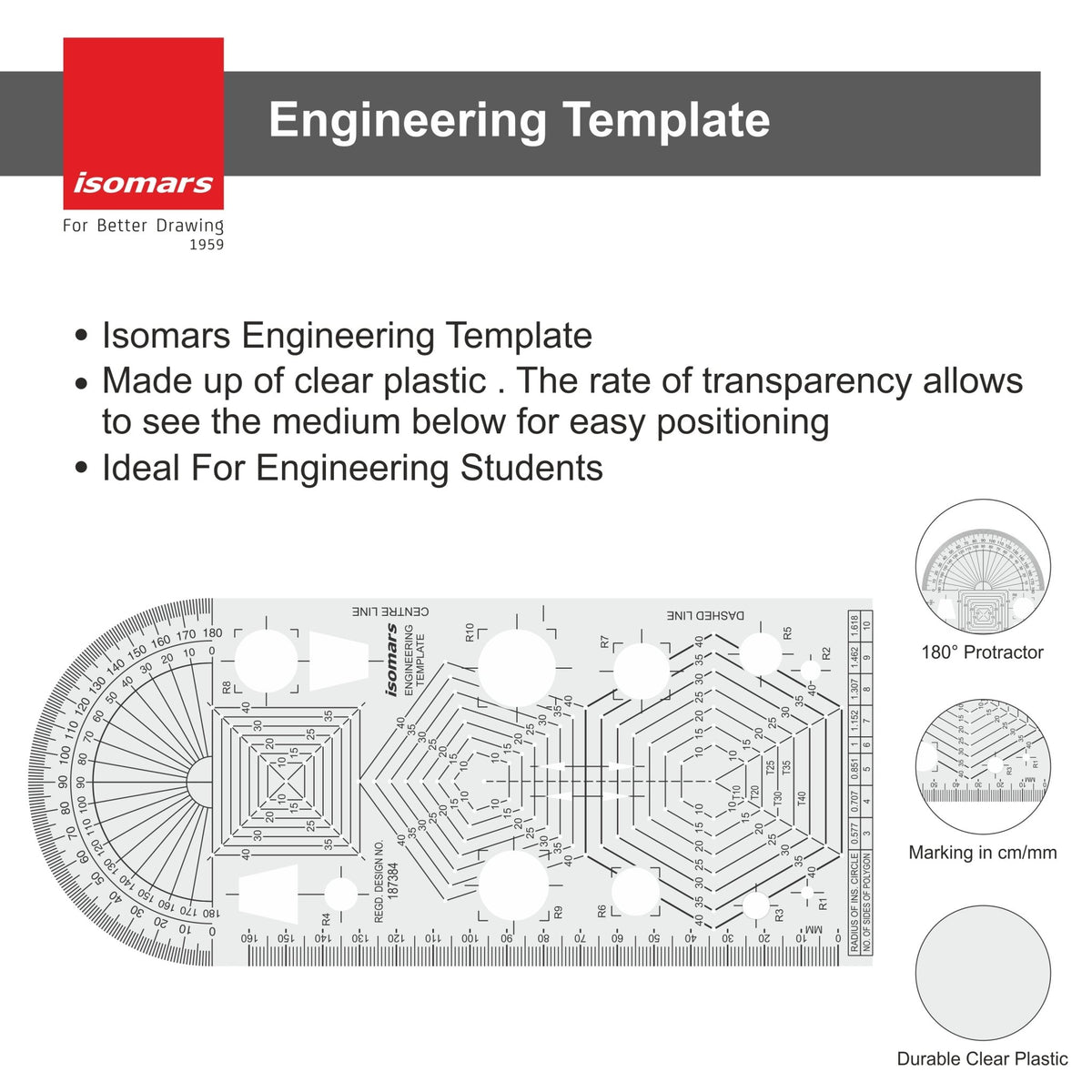 Isomars Engineering Template, Clear Plastic, 180° Protractor, Markings in cm/mm, for Engineering Students - Isomars