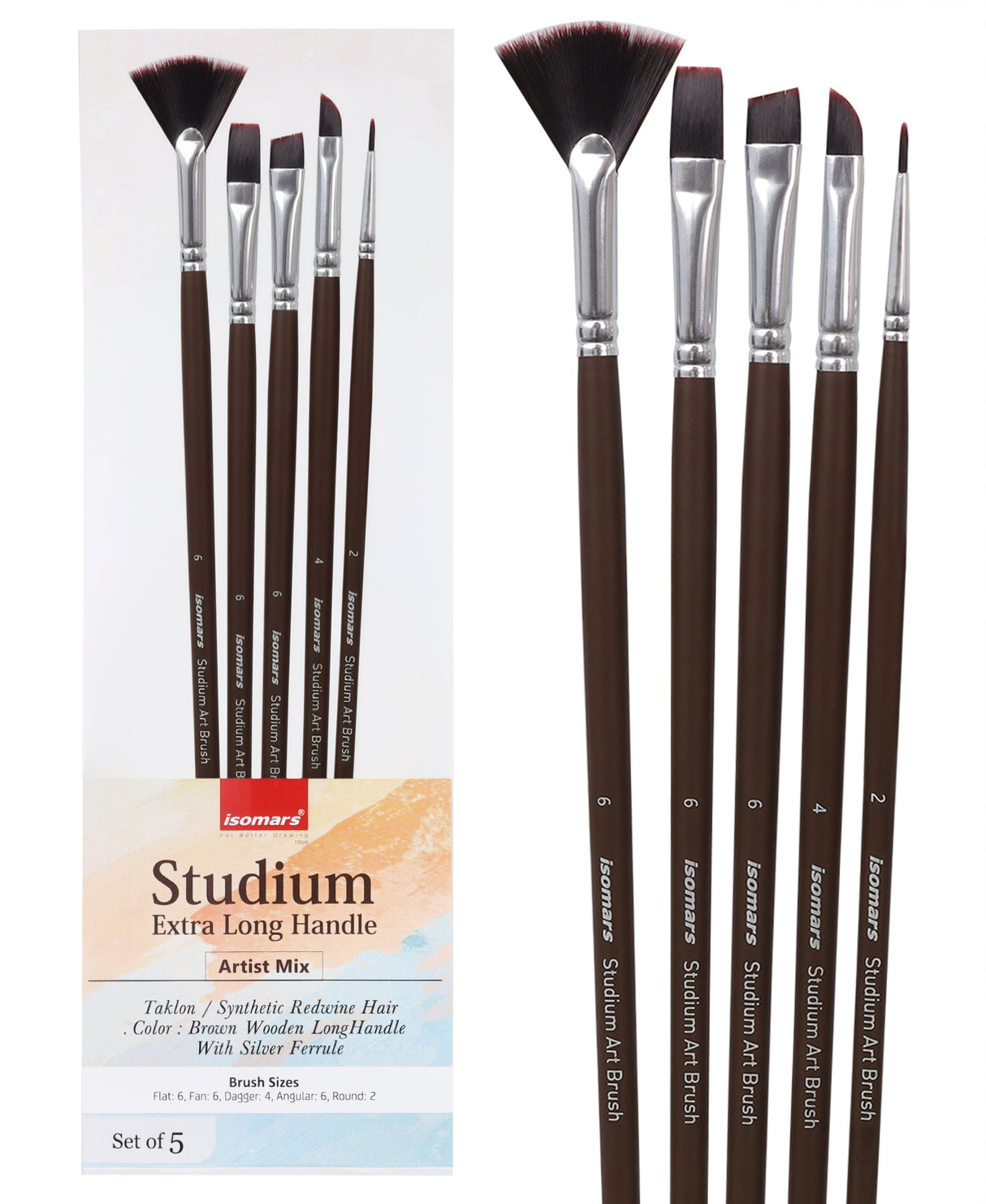 Isomars Extra Long Handle Artist Mix Paint Brush Set of 5 for Acrylic, Watercolor & Oil Painting - Isomars