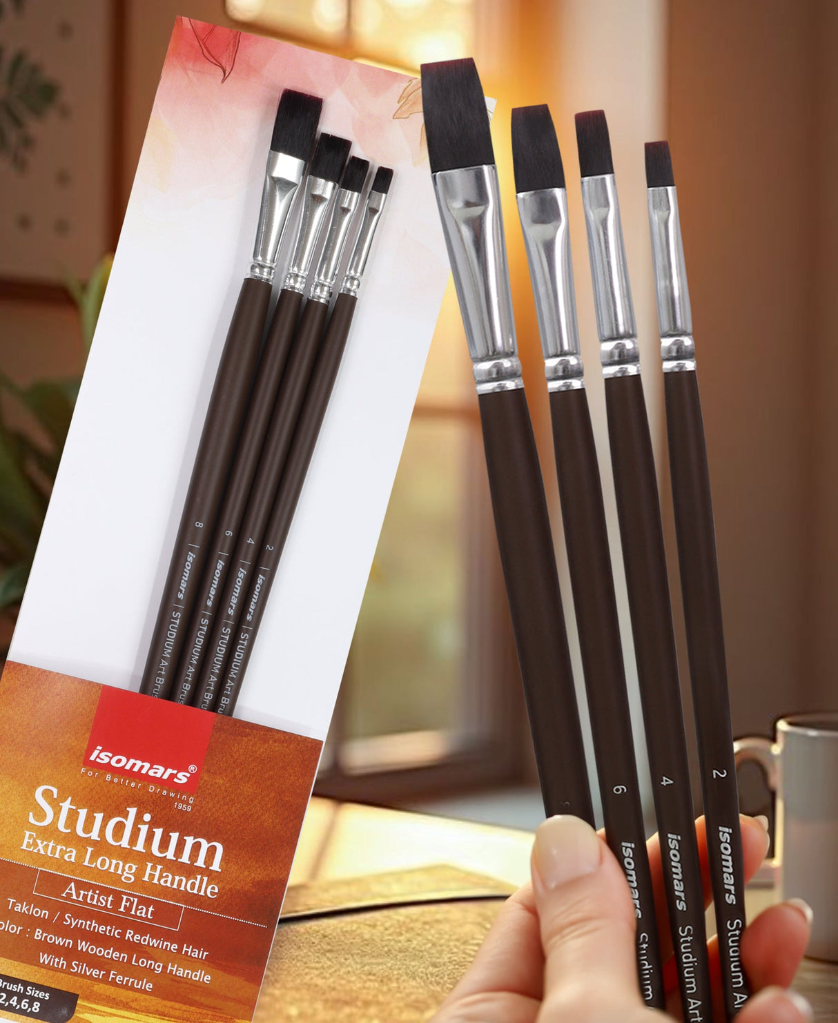 Isomars Extra Long Handle Flat Paint Brush Set of 4 for Acrylic, Watercolor & Oil Painting - Isomars