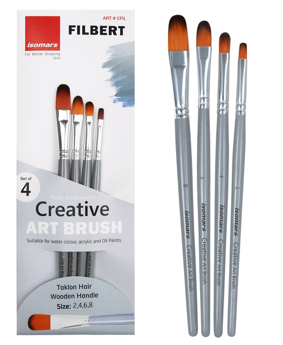 Isomars Filbert Paint Brush Set of 4 - Taklon Hair, Sizes 2, 4, 6, 8 - Isomars