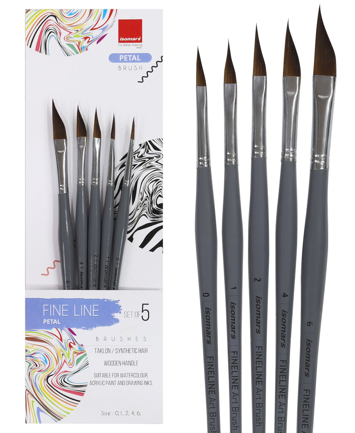 Isomars Fineline Petal Brush Set of 5 for Watercolor, Acrylic & Floral Painting - Isomars