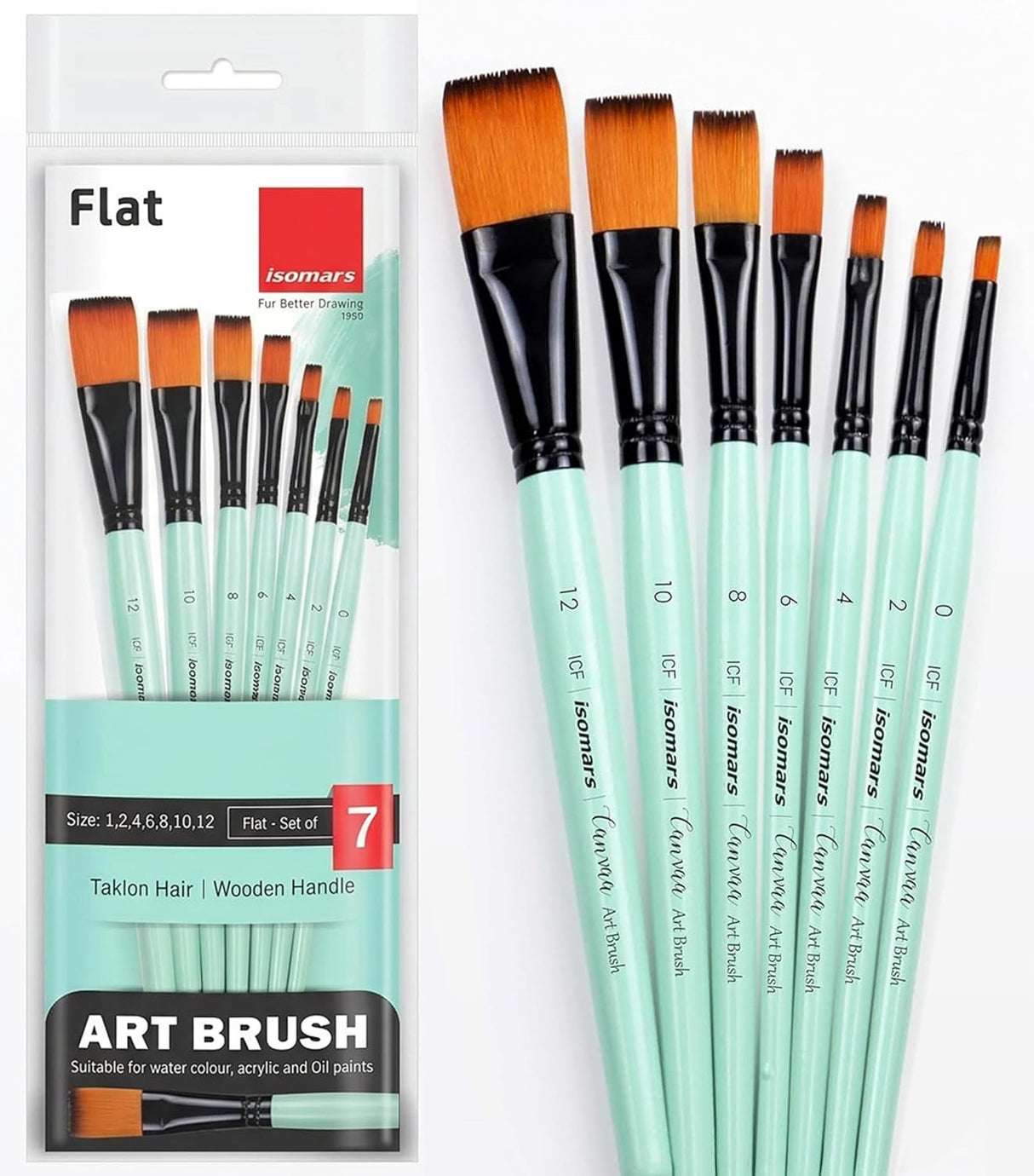 Isomars Flat Paint Brush Set of 7 (0–12) | Professional Synthetic Artist Brushes for Acrylic, Watercolor & Oil Painting | Smooth Finish, No Streaks, Ideal for Artists, Students & Hobbyists - Isomars