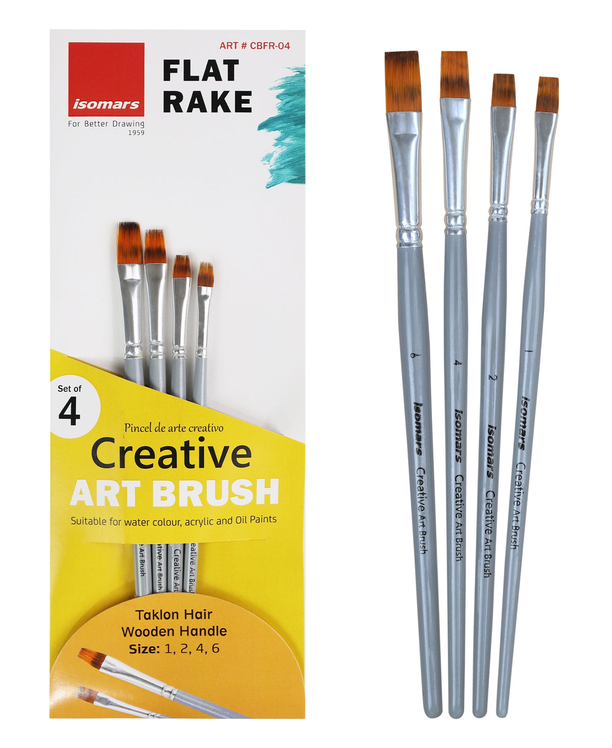 Isomars Flat Rake Art Brush Set of 4 - Taklon Hair, Sizes 1, 2, 4, 6 - Isomars