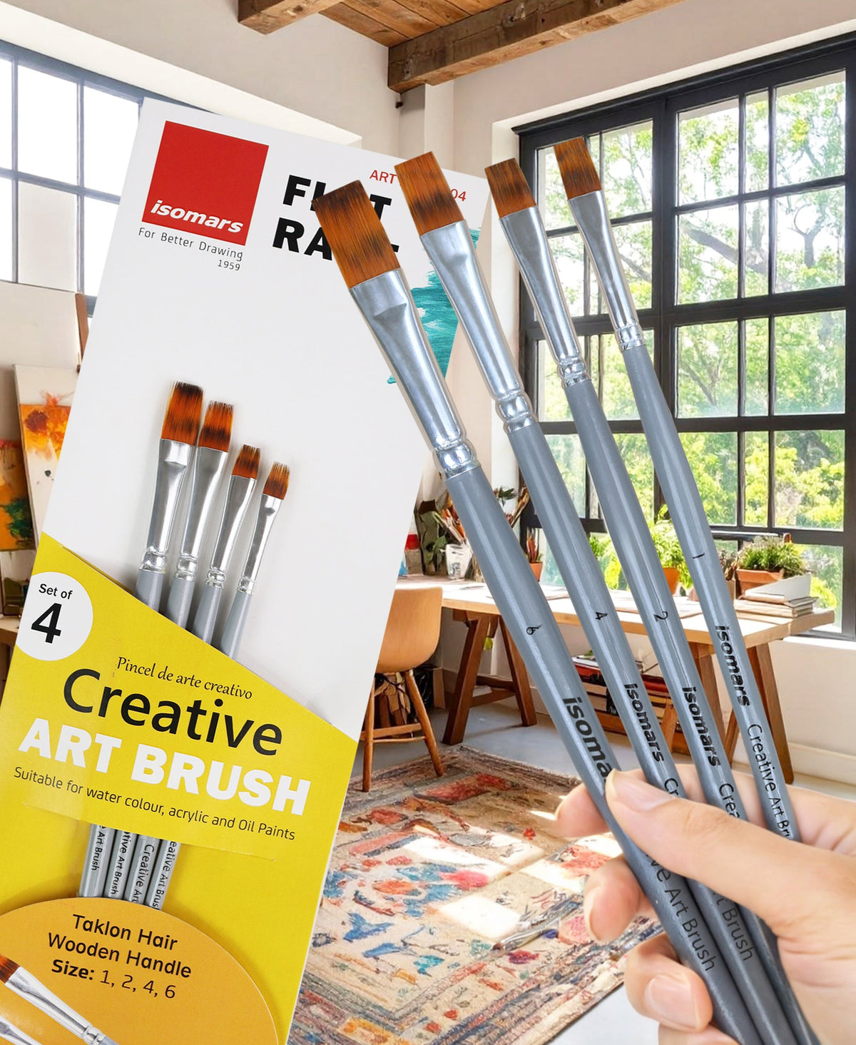 Isomars Flat Rake Art Brush Set of 4 - Taklon Hair, Sizes 1, 2, 4, 6 - Isomars