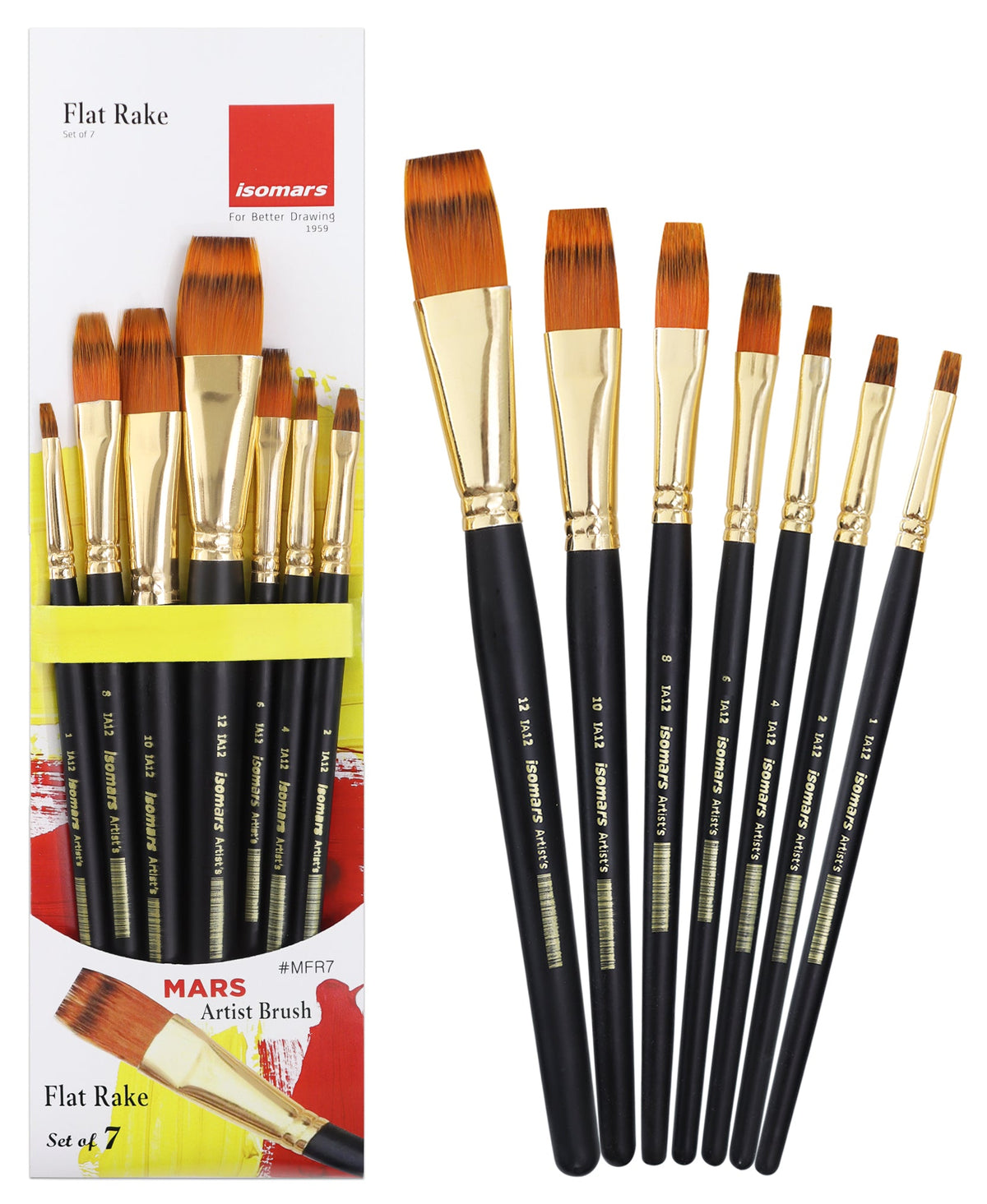 Isomars Flat Rake Paint Brush Set of 7 for Acrylic, Oil & Watercolor - Isomars