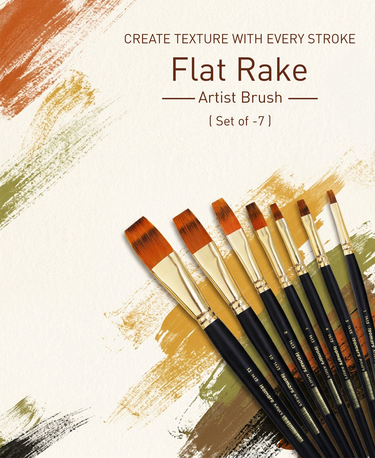 Isomars Flat Rake Paint Brush Set of 7 for Acrylic, Oil & Watercolor - Isomars