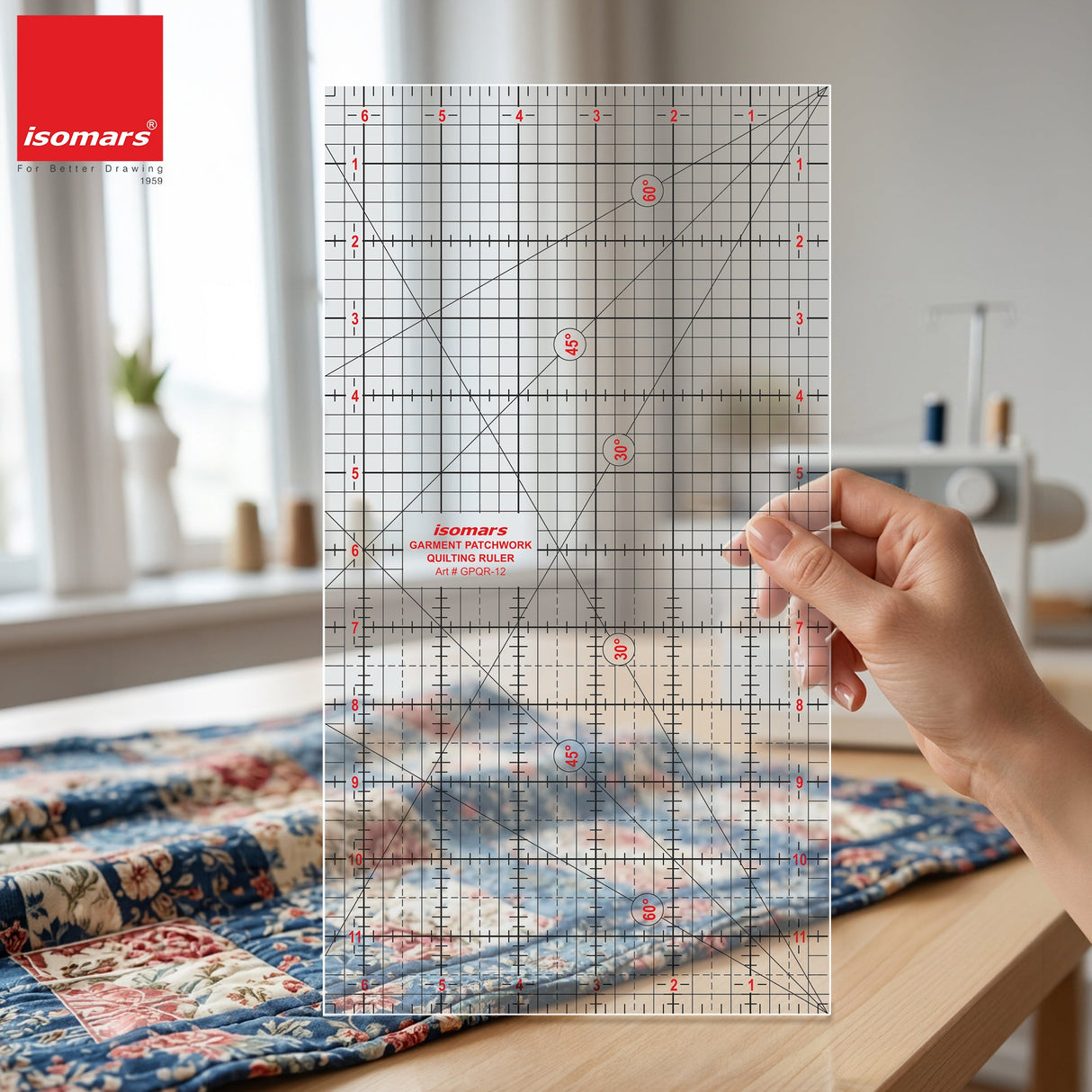 Isomars Garment Patchwork Quilting Ruler 12 x 6.5 Inch Acrylic - Isomars