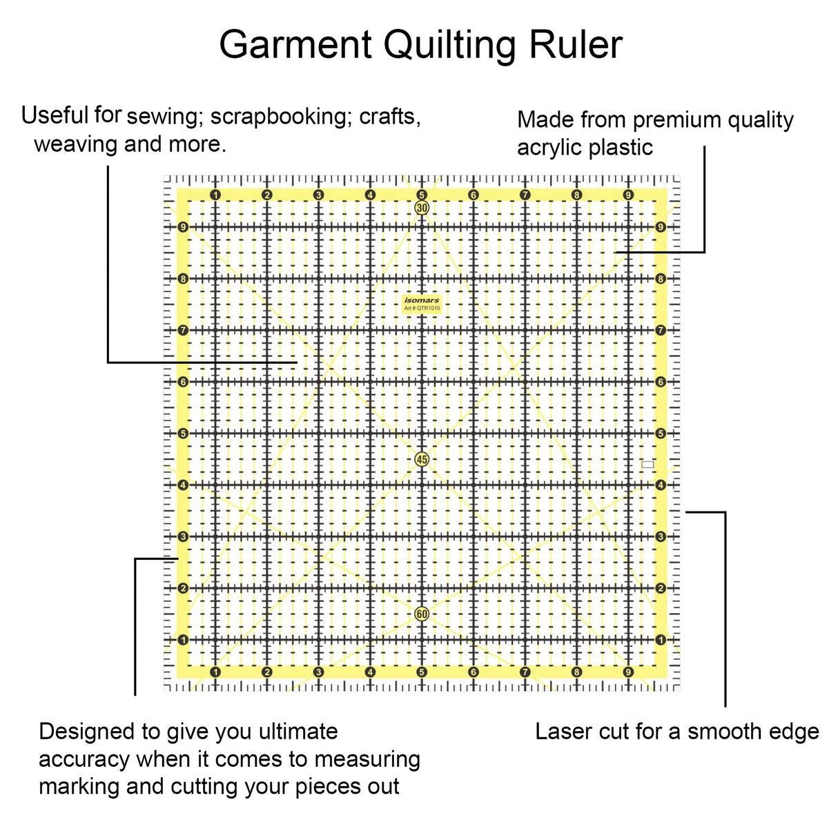 Isomars Garment Quilting Ruler 10 x 10 Inch | 3mm Clear Acrylic - Isomars