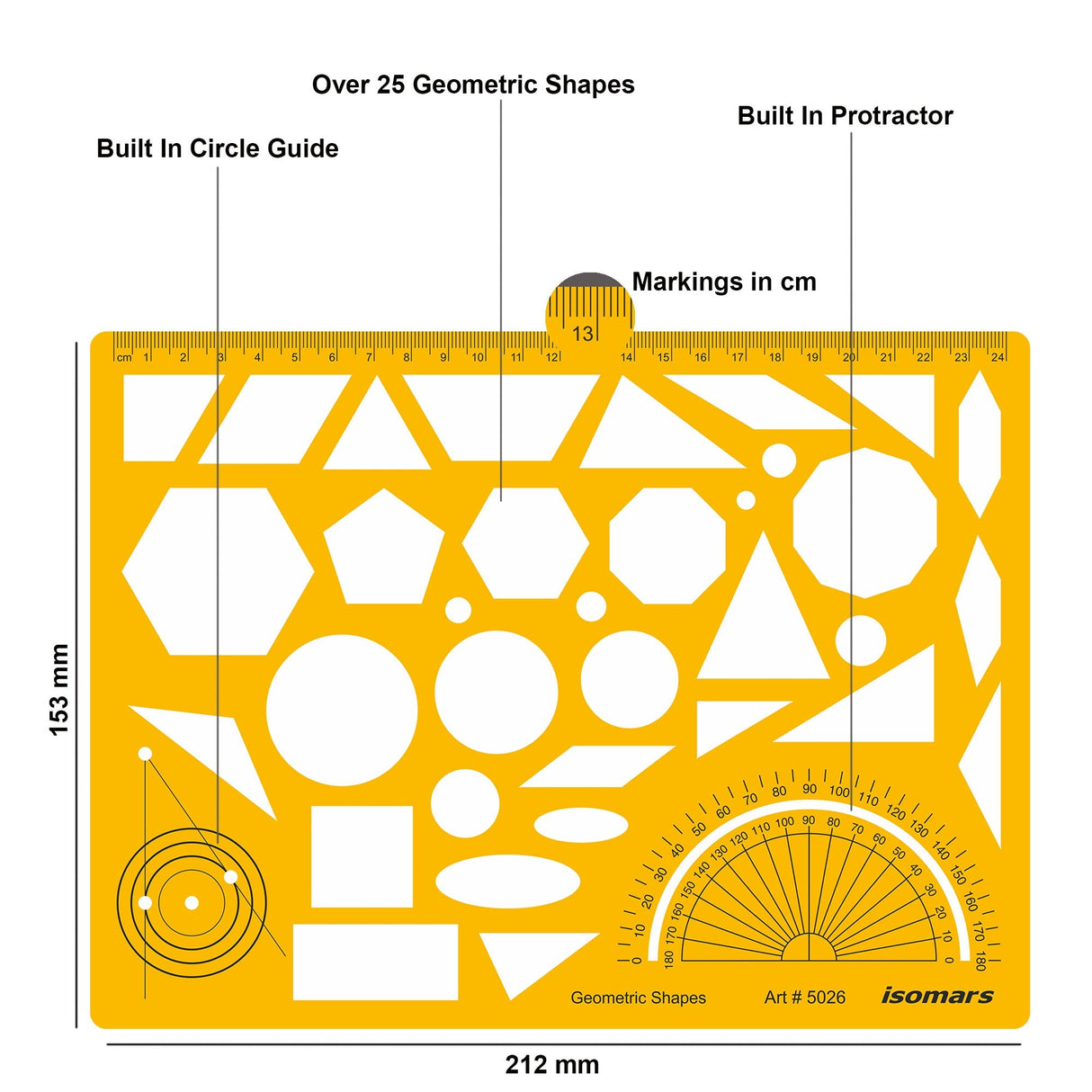 Isomars Geometric Shapes Drawing Template, Professional Drafting Tool with Protractor - Isomars