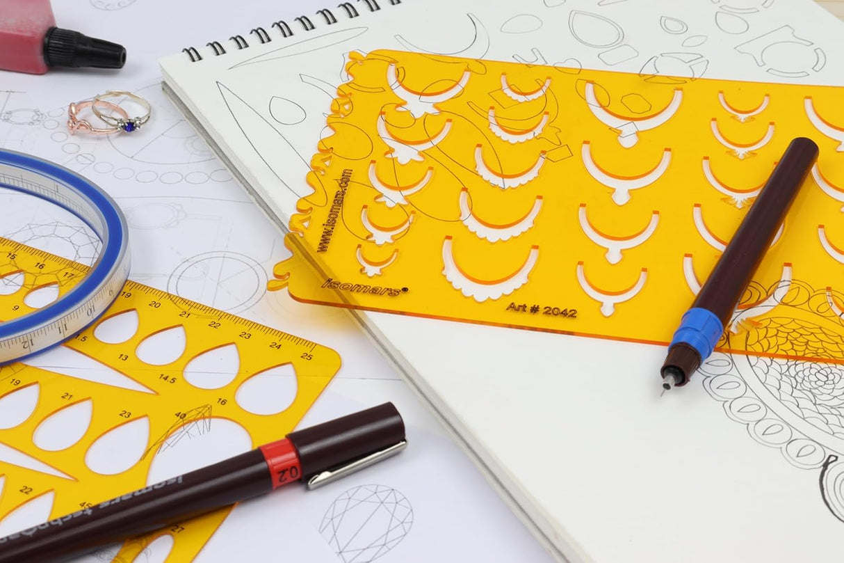 Isomars Jewellery Design Template Set of 2 | Gemstone & Stone Shape Drafting Stencils with Round, Oval, Pear, Emerald, Marquise, Heart & Baguette Shapes for Jewelry Designers & Students - Isomars