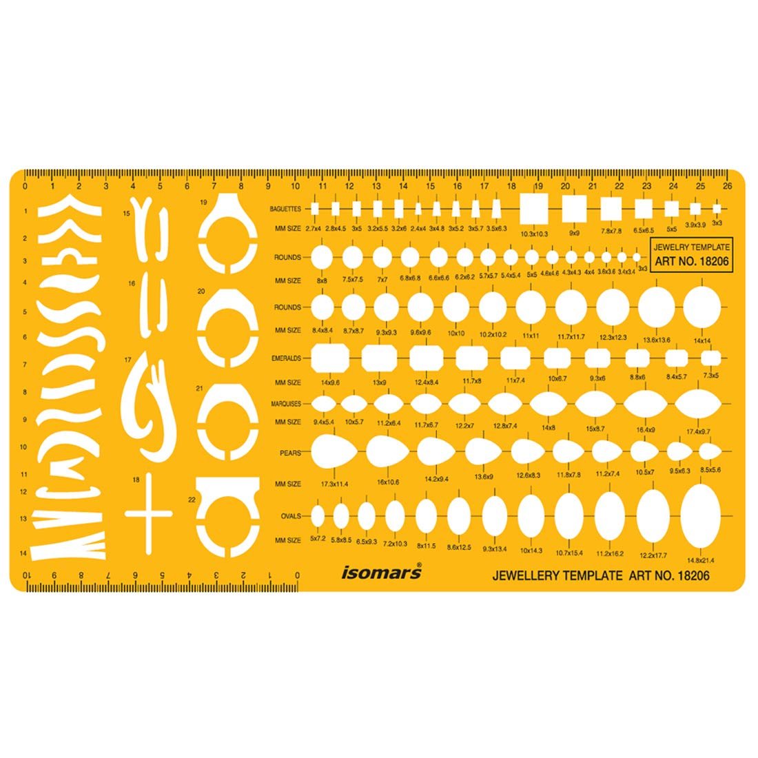 Isomars Jewellery Design Template Set of 2 | Gemstone & Stone Shape Drafting Stencils with Round, Oval, Pear, Emerald, Marquise, Heart & Baguette Shapes for Jewelry Designers & Students - Isomars