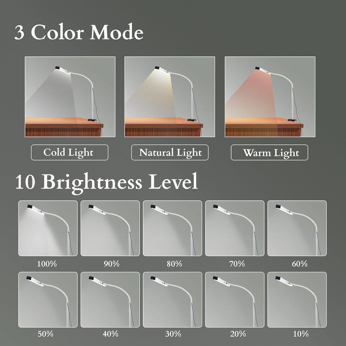 Isomars LED Desk Lamp for Computer Monitor & Laptop with Clamp 24 Inch | Eye Friendly USB Study Light, 3 Color Modes, 10 Brightness Levels for Reading, Studying, Working (White) - Isomars