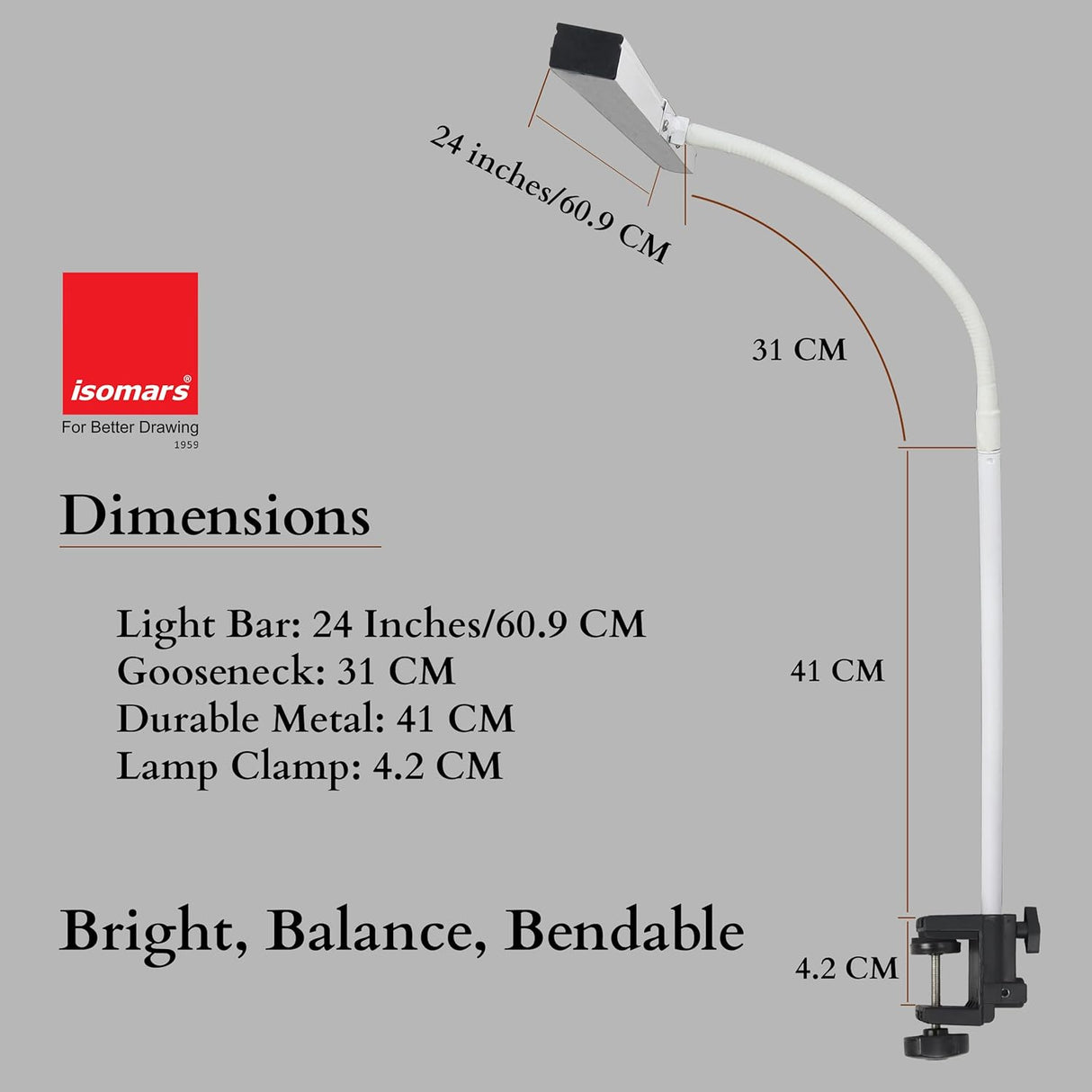 Isomars LED Desk Lamp for Computer Monitor & Laptop with Clamp 24 Inch | Eye Friendly USB Study Light, 3 Color Modes, 10 Brightness Levels for Reading, Studying, Working (White) - Isomars