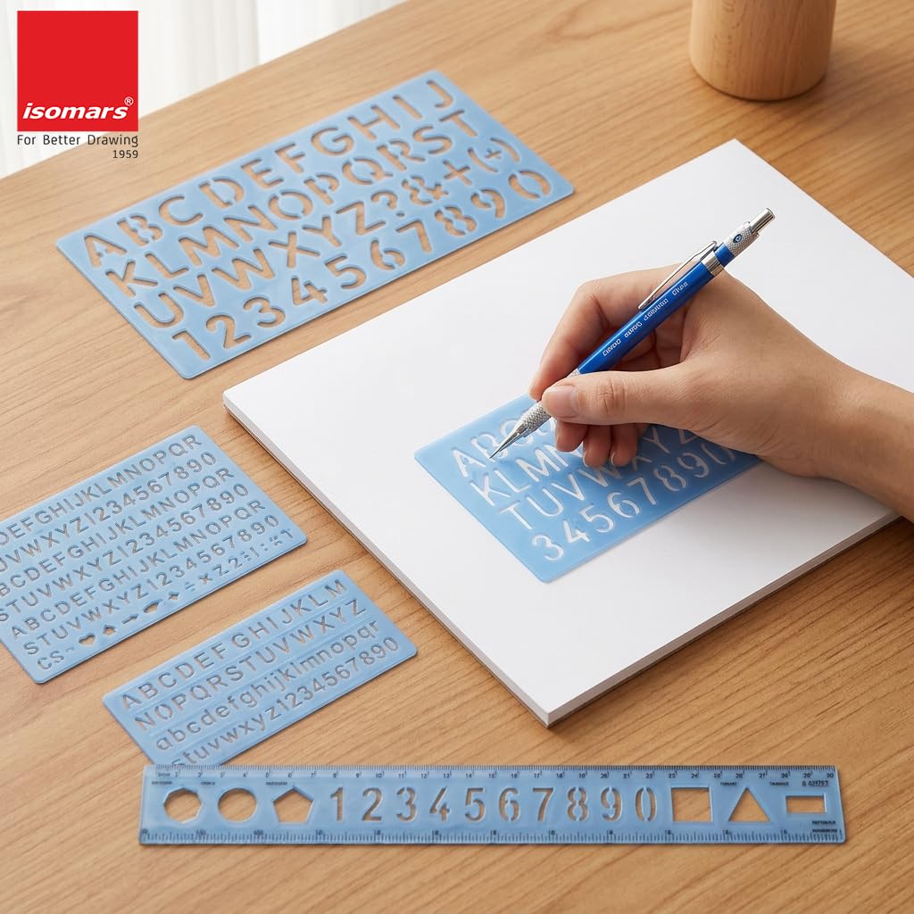 Isomars Lettering Stencil Set of 5, Reusable Alphabet & Number Templates with 4 Letter Stencils and 12 Inch Ruler, Uppercase, Lowercase, Symbols in 8mm, 10mm, 20mm & 30mm for Sign Making, DIY Crafts & School Projects - Isomars