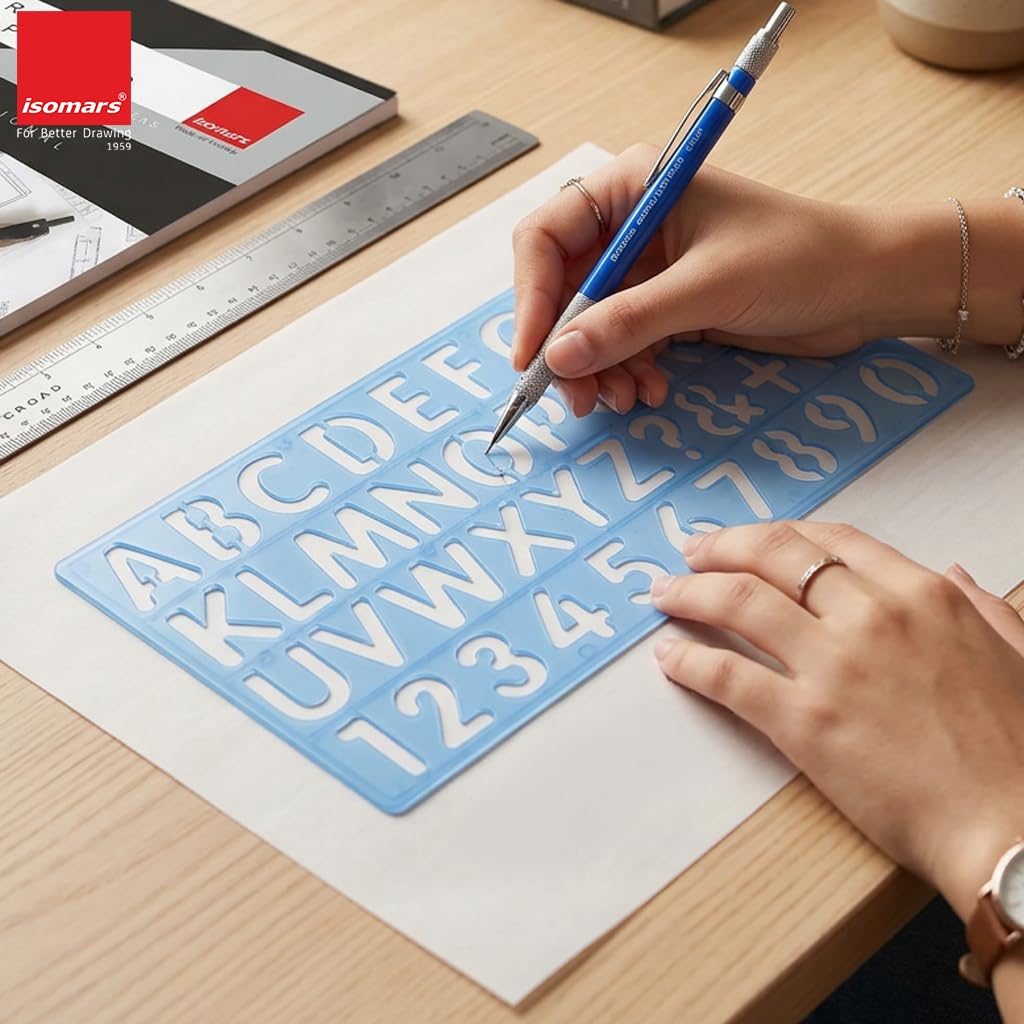 Isomars Lettering Stencil Set of 5, Reusable Alphabet & Number Templates with 4 Letter Stencils and 12 Inch Ruler, Uppercase, Lowercase, Symbols in 8mm, 10mm, 20mm & 30mm for Sign Making, DIY Crafts & School Projects - Isomars