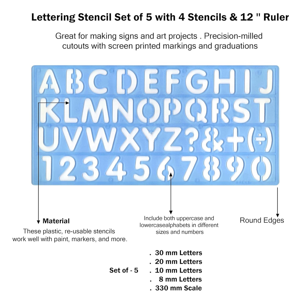 Isomars Lettering Stencil Set of 5, Reusable Alphabet & Number Templates with 4 Letter Stencils and 12 Inch Ruler, Uppercase, Lowercase, Symbols in 8mm, 10mm, 20mm & 30mm for Sign Making, DIY Crafts & School Projects - Isomars