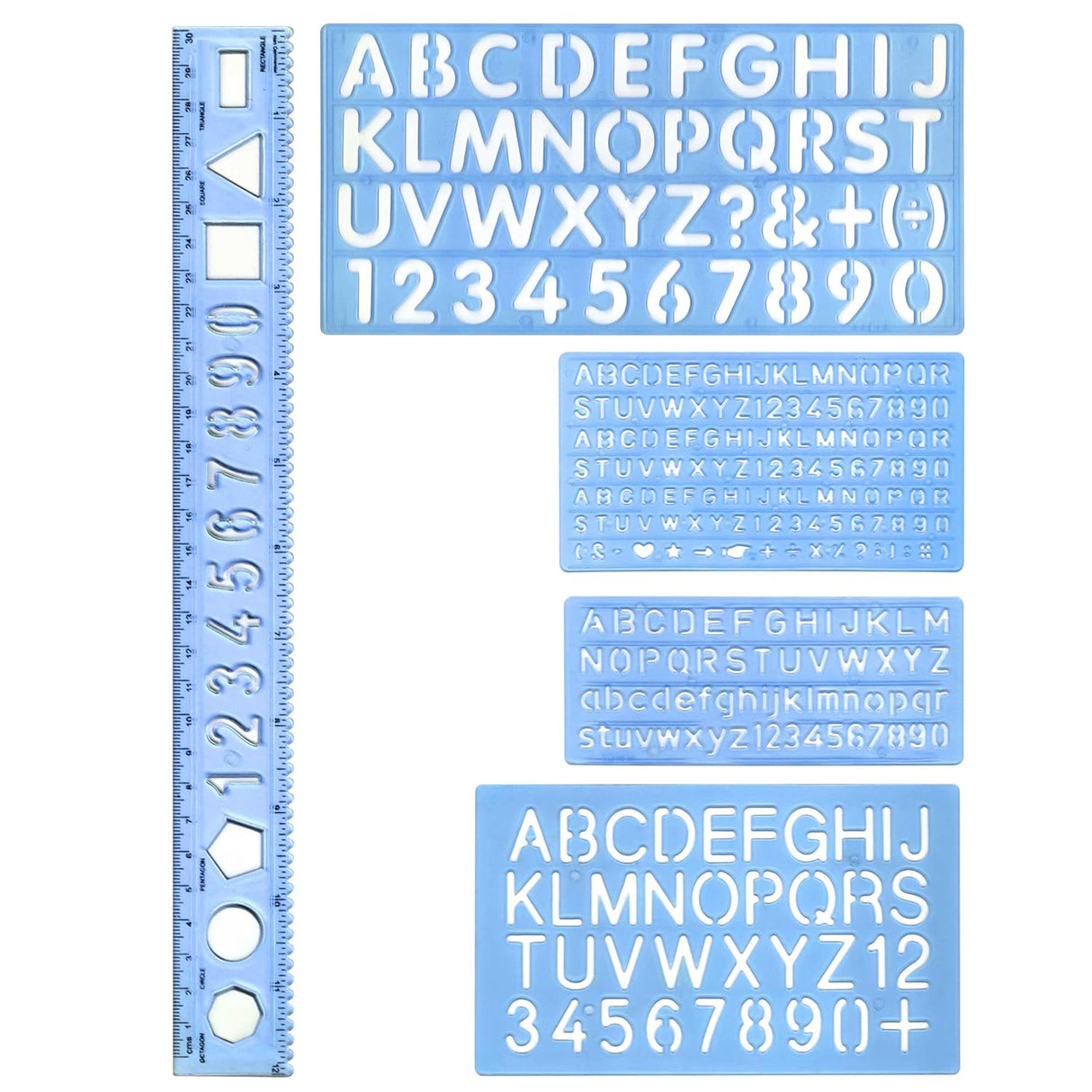 Isomars Lettering Stencil Set of 5, Reusable Alphabet & Number Templates with 4 Letter Stencils and 12 Inch Ruler, Uppercase, Lowercase, Symbols in 8mm, 10mm, 20mm & 30mm for Sign Making, DIY Crafts & School Projects - Isomars