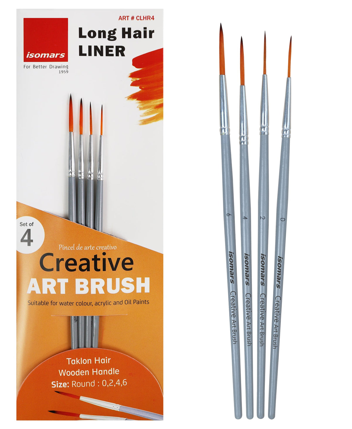 Isomars Long Hair Liner Brush Set of 4 - Taklon Hair, Sizes 0, 2, 4, 6 - Isomars