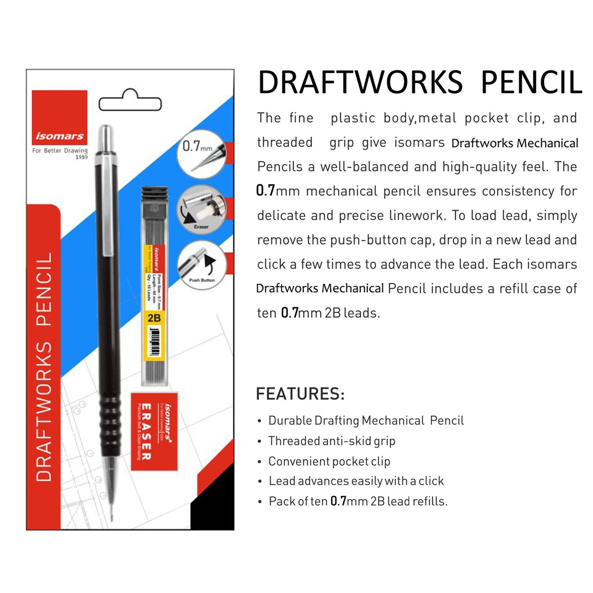 Isomars Mechanical Pencil 0.7mm - (DRAFTING) with Leads & Eraser - Black - Isomars