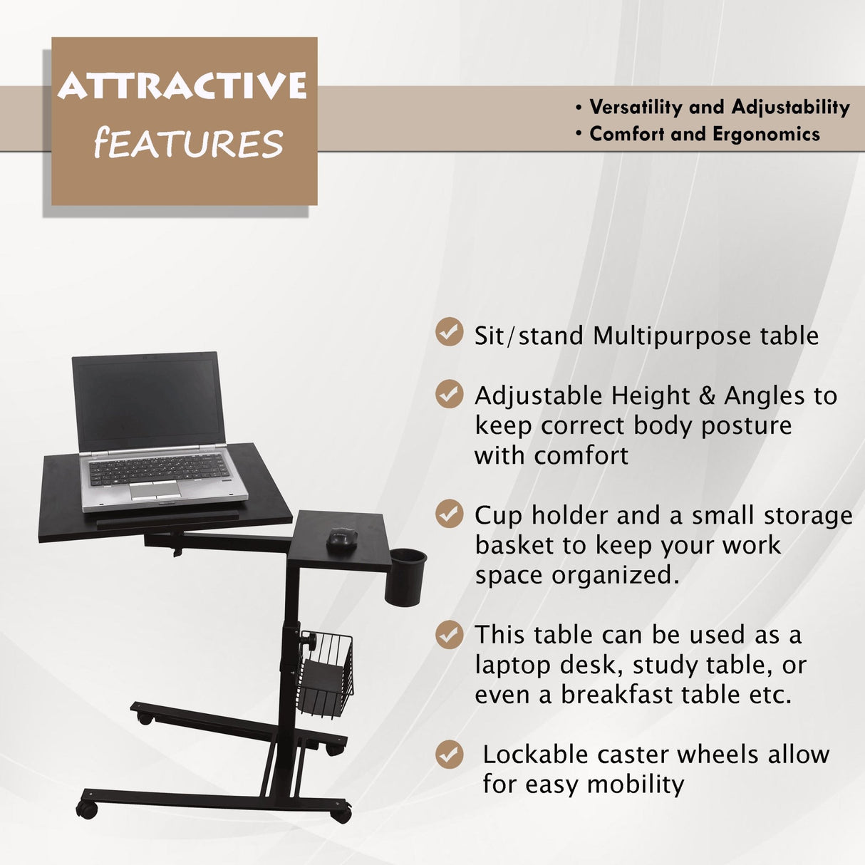 Isomars Metal 360° Rotatable Table Laptop Table Study Desk, Caster Lockable Wheels, & Height Adjustable for Breakfast Table, Work from Home & Online Classes (Black) - Isomars