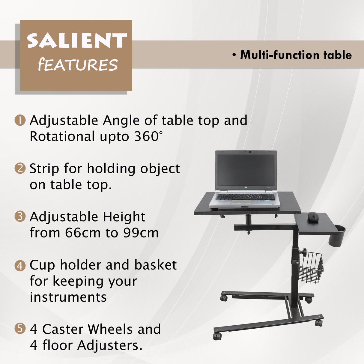 Isomars Metal 360° Rotatable Table Laptop Table Study Desk, Caster Lockable Wheels, & Height Adjustable for Breakfast Table, Work from Home & Online Classes (Black) - Isomars