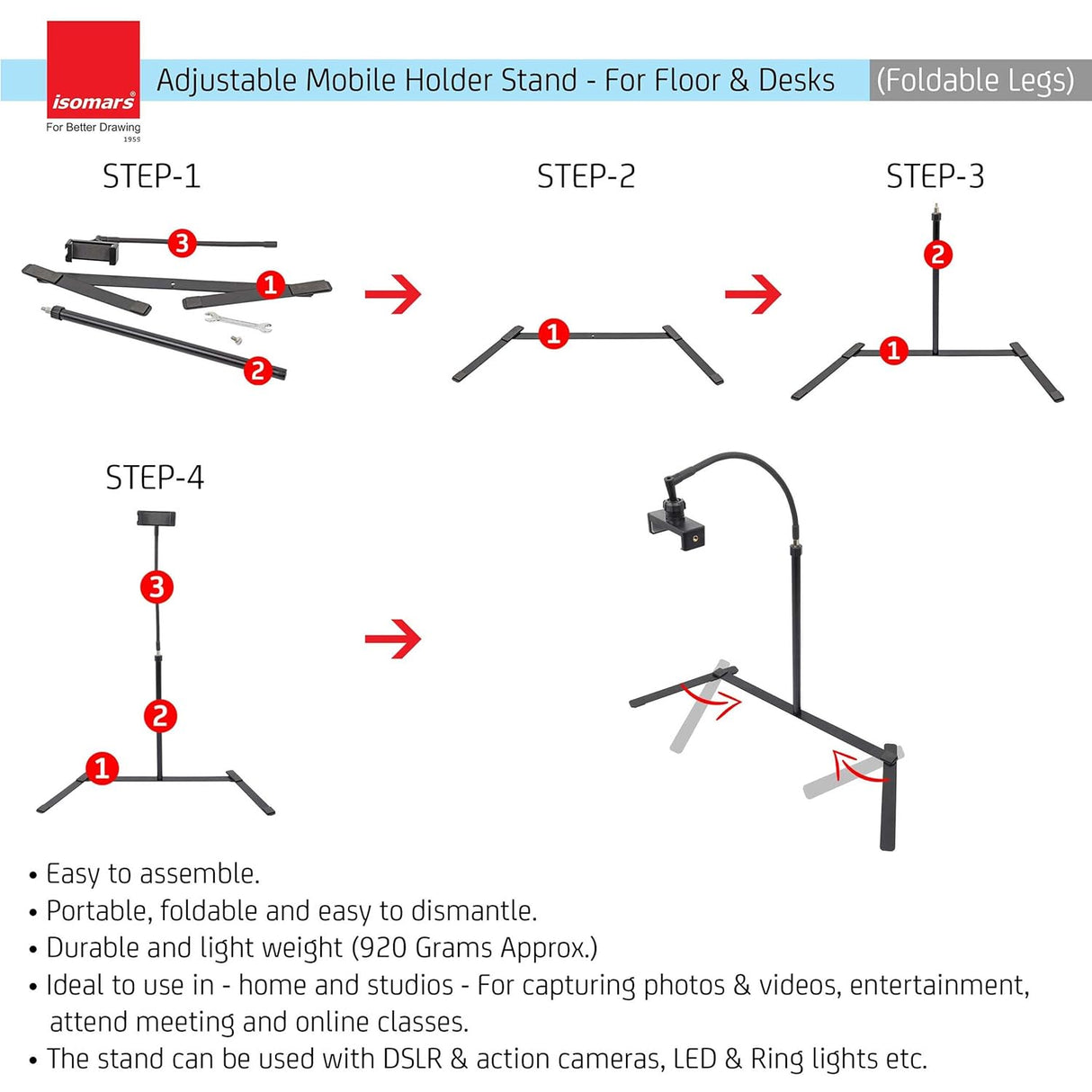 Isomars Mobile Stand | Overhead Smartphone Stand for Capturing Photos, Videos | Ideal for Online Teaching, Studios, Home, Binge Watch, Meetings, Recording Activities etc. - Isomars