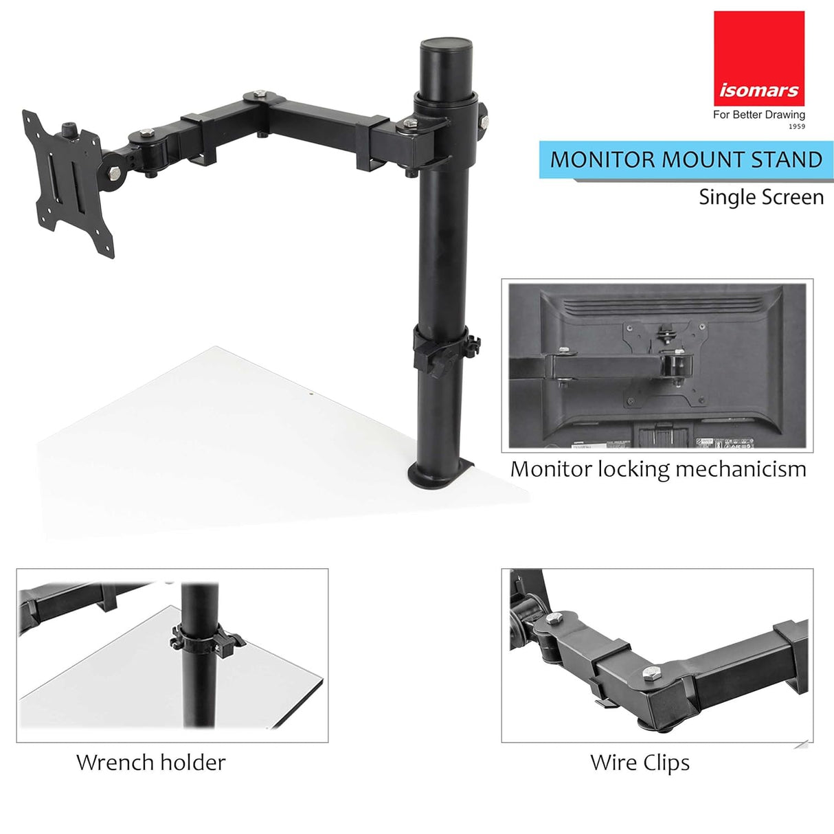 Isomars Monitor Mount Stand Single Screen - Adjustable Height & Angles - Isomars