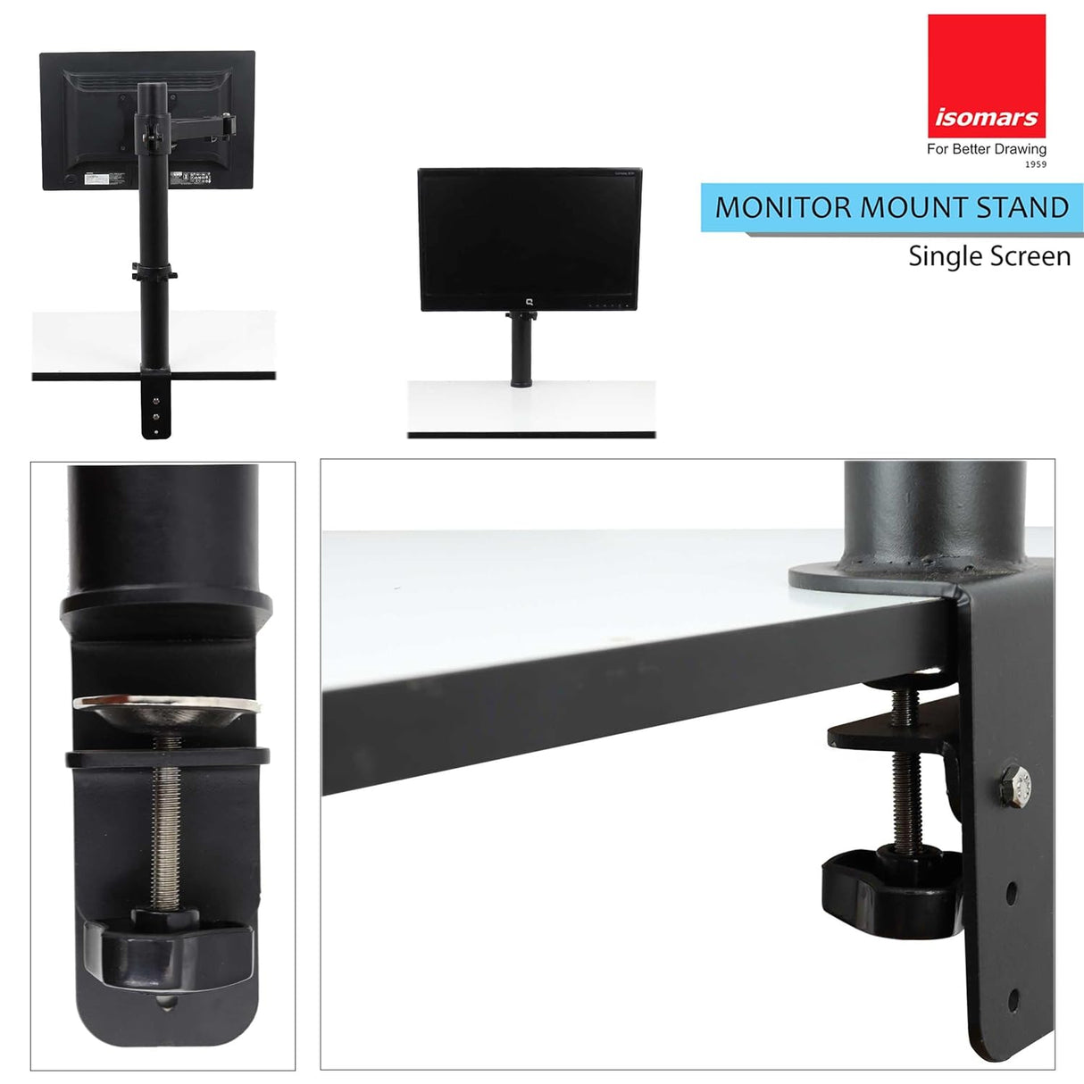 Isomars Monitor Mount Stand Single Screen - Adjustable Height & Angles - Isomars
