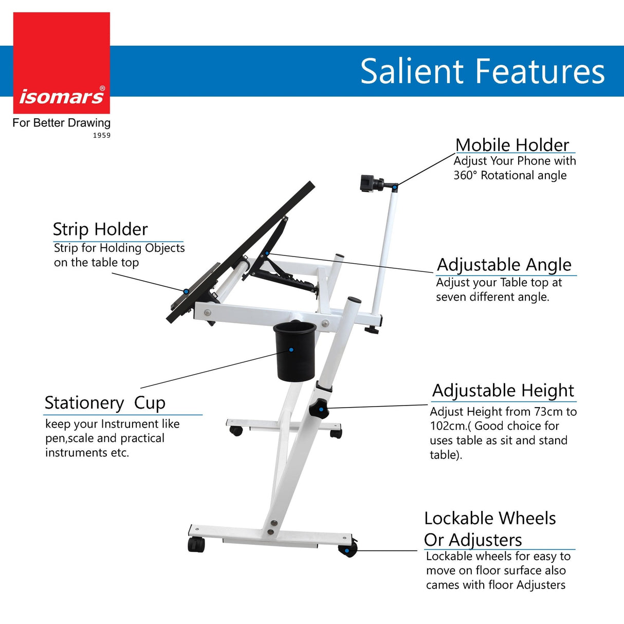 Isomars Multipurpose Laptop Table Study Desk Drawing Table, Caster Lockable Wheels, Adjustable Height and Angle for Work from Home, Office, Bedroom - Black (Alloy Steel) - Isomars