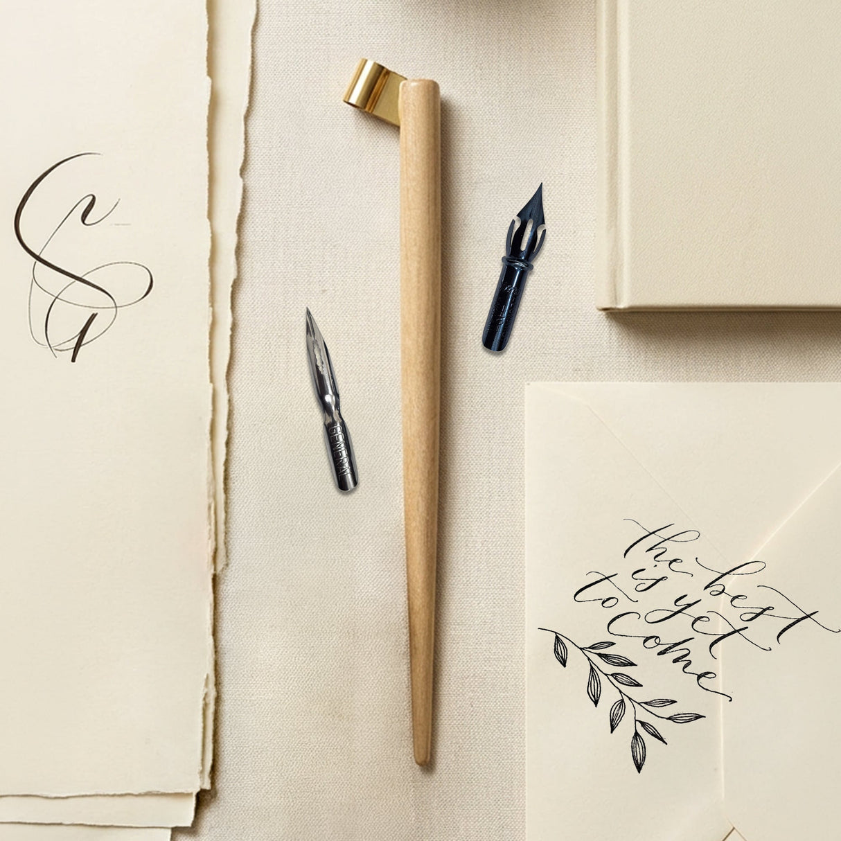 Isomars Oblique Wooden Calligraphy Holder with brass flange, English flex nib & mapping nib for elegant calligraphy and fine lettering - Isomars