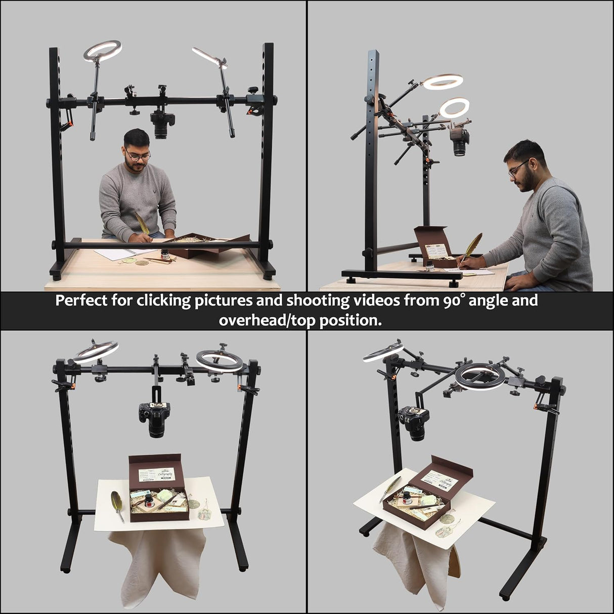 ISOMARS Overhead Camera & Phone Stand | Adjustable 10 Height Levels Product Photography Stand with Dual Light Holders, Background Sheet Brackets & Clips for Overhead Photos & Videos - Isomars