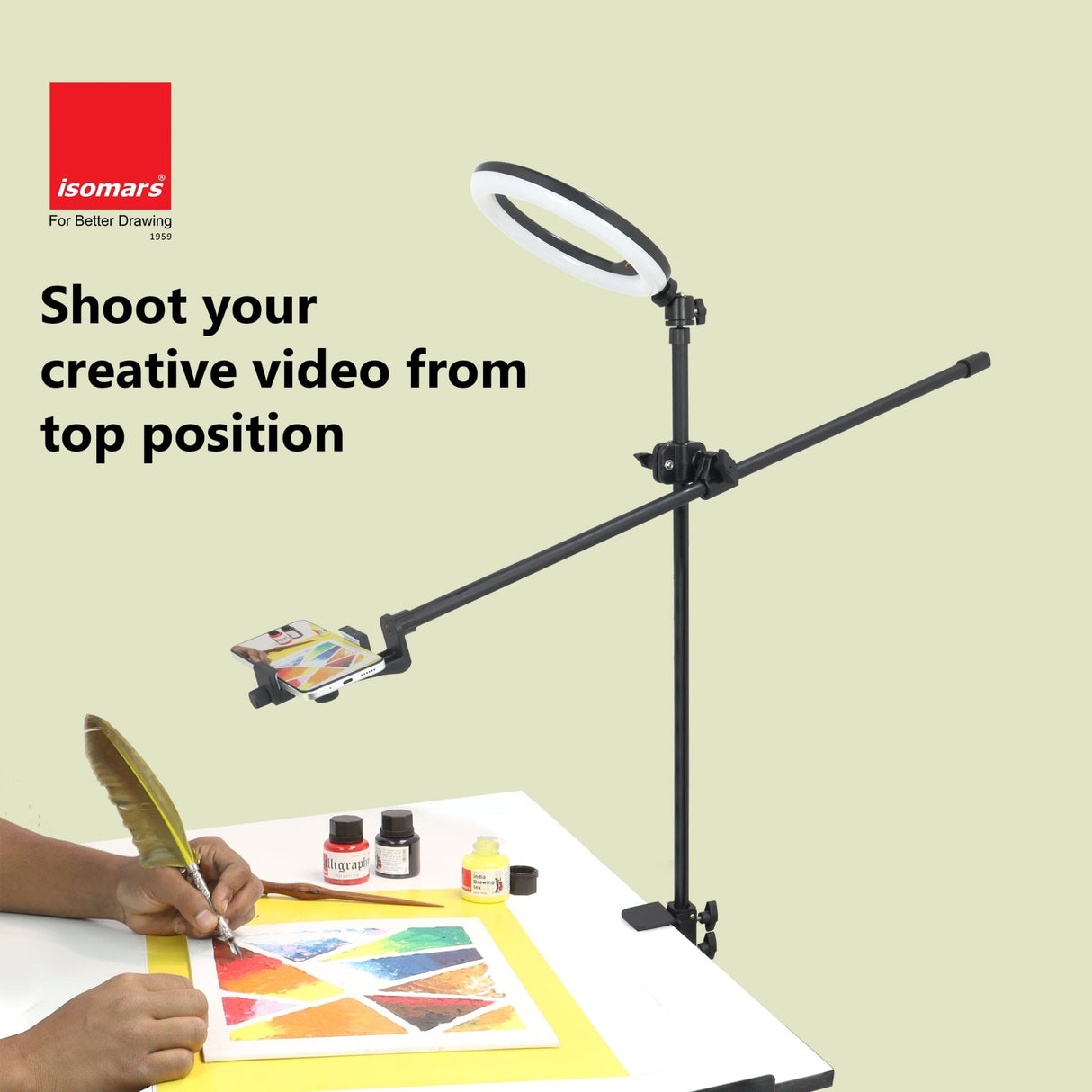 Isomars Overhead Mobile Stand for Photography & Videography, Table Holding clamp, 360°Adjustable Arm with Height Adjustment, Stand Height Adjustment top to Bottom, Overhead Photos of Products - Isomars