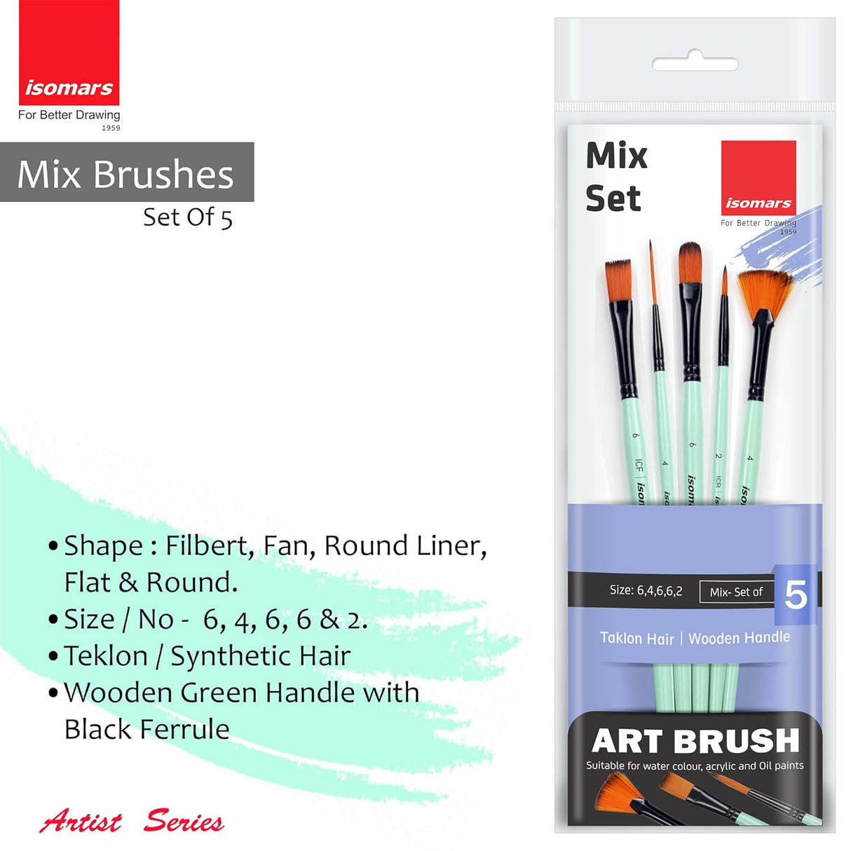 Isomars Paint Brushes Set of 5 Mixed Professional Brushes | Synthetic Artist Brush Assortment for Acrylic, Oil, Watercolor & Mixed Media Painting | Filbert, Fan, Round Liner, Flat & Round - Isomars