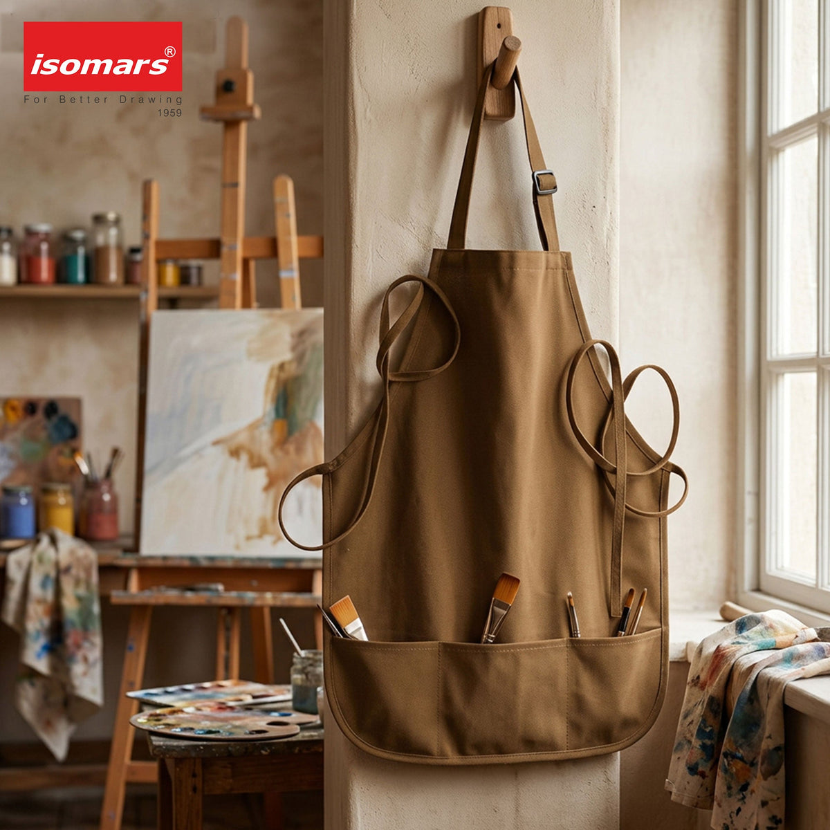 Isomars Painter’s Apron, Large, 10 oz Cotton Canvas, 3 Pockets, Brown - Isomars