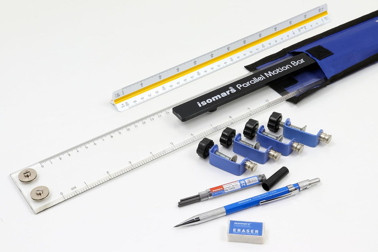 Isomars Parallel Bar (32 Inches) with Triangular Scale (No.2) | Metal Clamps & Mechanical Pencil 2mm with Lead and Eraser | Ideal For Architect, Interior Design and Drafting Students - Isomars