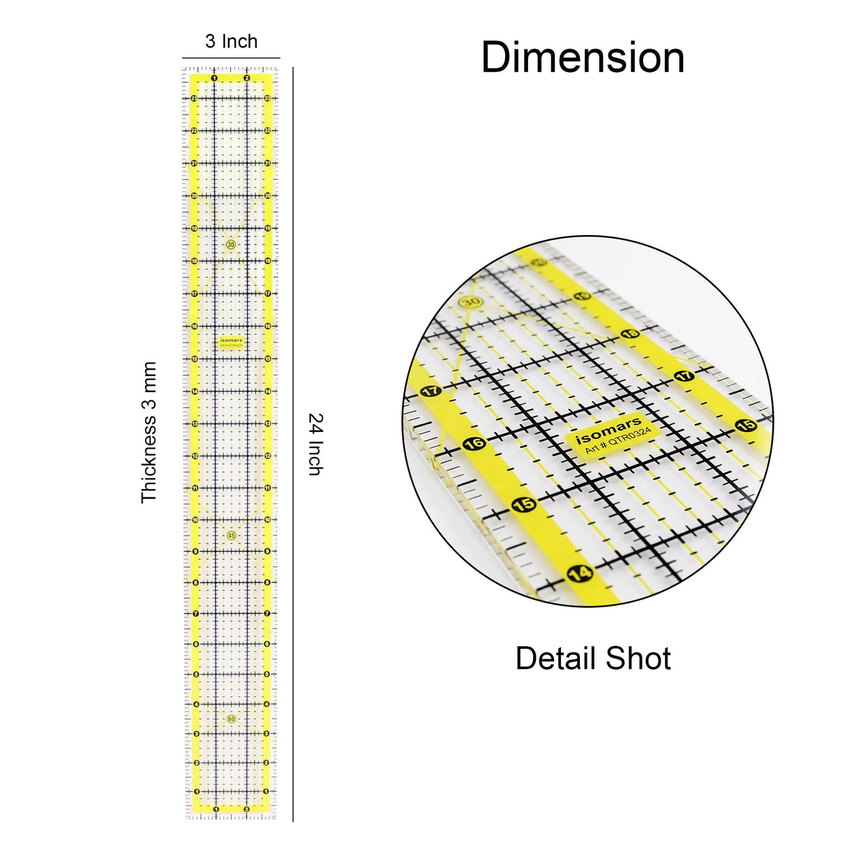 Isomars Quilting Ruler 3 x 24 Inch Clear Acrylic Patchwork Ruler - Isomars