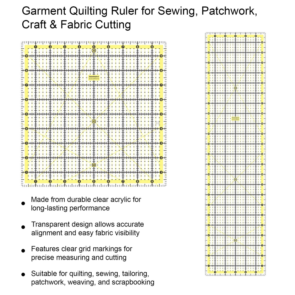 Isomars Quilting Ruler Set of 2 | 10 x 10 & 6 x 24 Inch Acrylic - Isomars