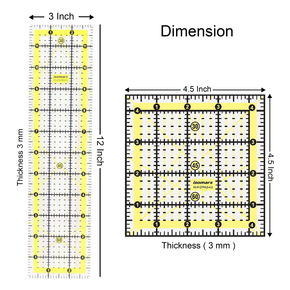 Isomars Quilting Ruler Set of 2 | 3" x 12" & 4.5" x 4.5" - Isomars