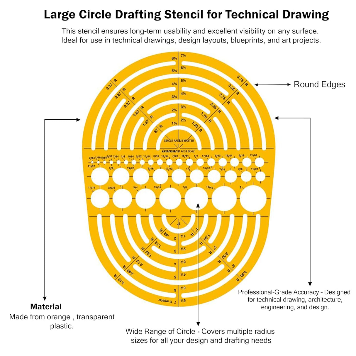 Isomars Radius Master Circle Template, Large Circle and Semi Circle Arc Drafting Stencil with Multiple Radius Measurements for Architects, Engineers, Designers, Technical Drawing & Blueprint Planning - Isomars
