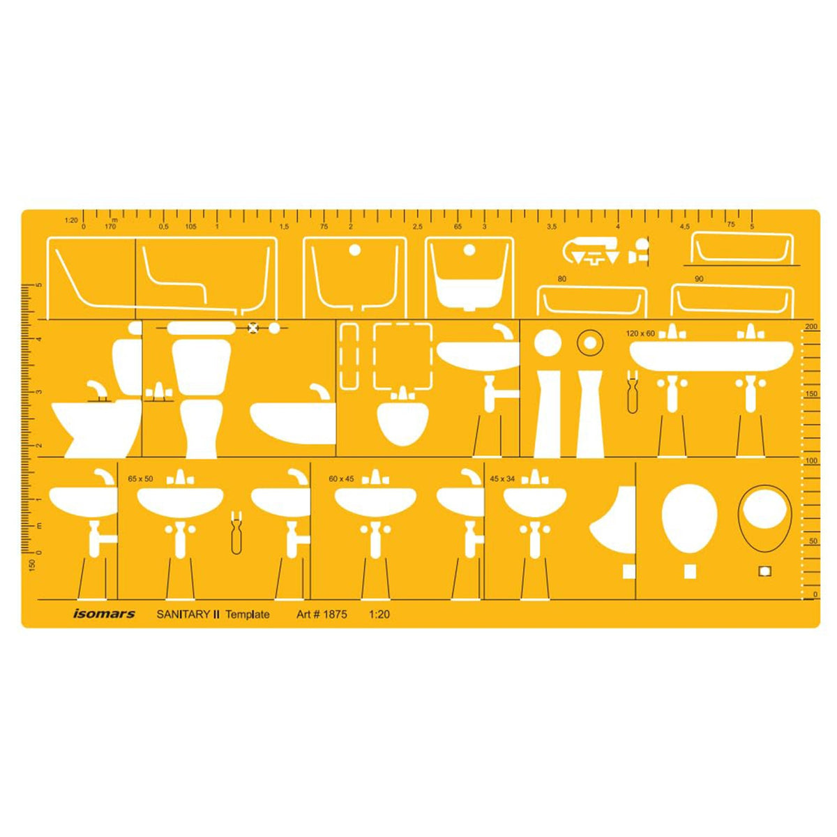 Isomars Sanitary Template II 1:20 Scale (Art 1875) | Architectural Plumbing & Bathroom Fixture Drafting Stencil for Wash Basin, WC, Bathtub, Sink & Sanitary Layout Design - Isomars