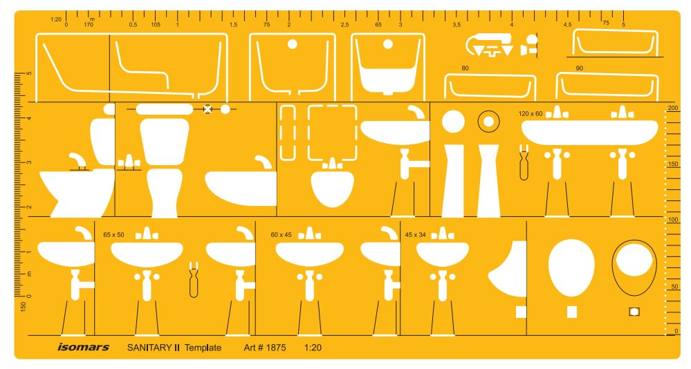 Isomars Sanitary Template II 1:20 Scale (Art 1875) | Architectural Plumbing & Bathroom Fixture Drafting Stencil for Wash Basin, WC, Bathtub, Sink & Sanitary Layout Design - Isomars