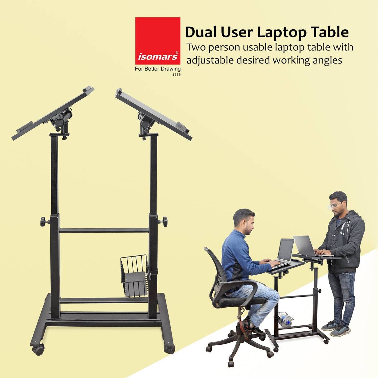 Isomars Sit &Stand 360° 2 Platforms Laptop & Projector User Table Multipurpose Angle Height & 360° Rotation Adjustable Both Side 2 Engineered Wood Board 20" / 50.8 cm x 14" / 35..5 cm (Black) - Isomars