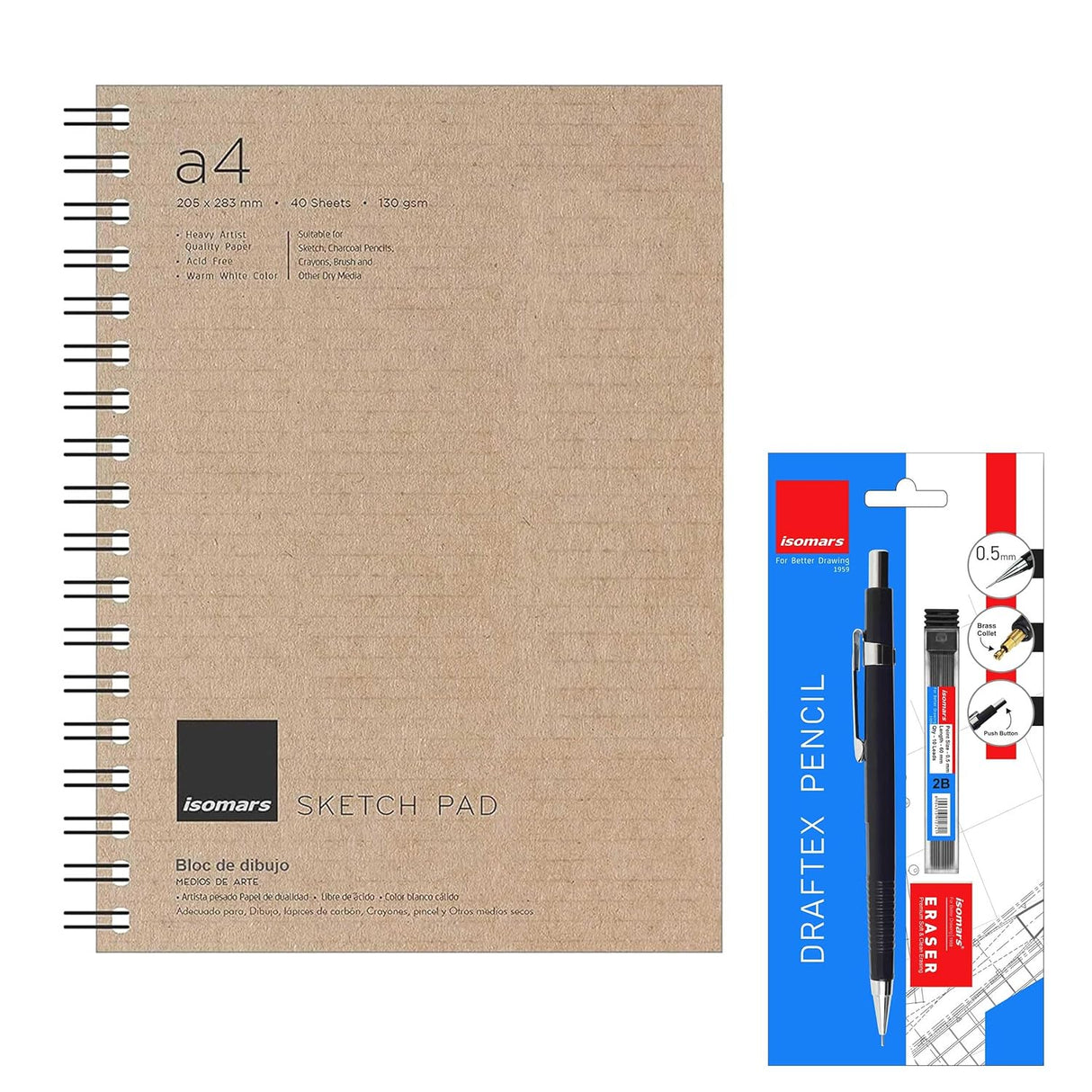 Isomars Sketch Pad Artist - A4 with 40 Sheets & Mechanical Pencil 0.5mm - with Leads and Eraser - Isomars
