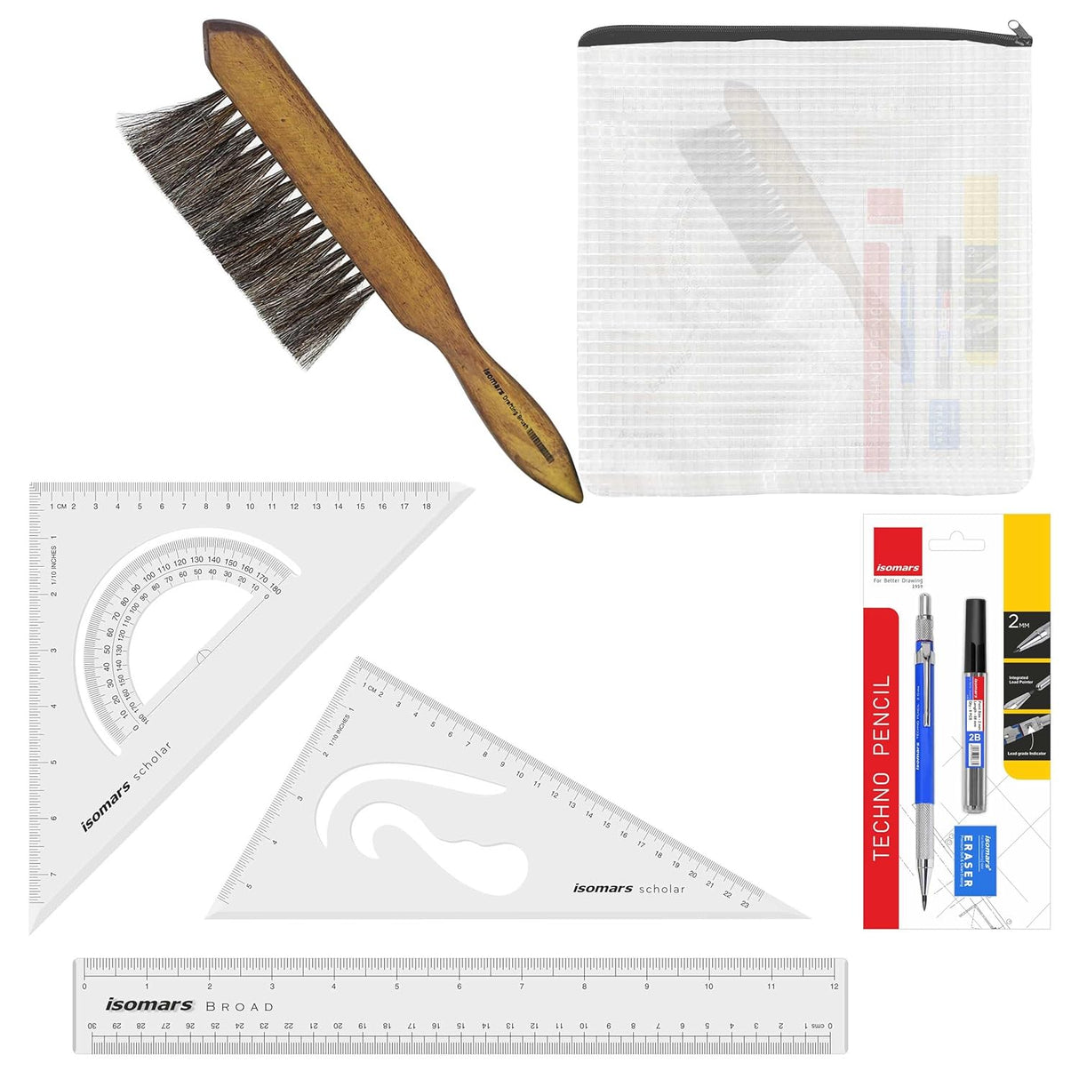 Isomars Student Drafting Kit – 6 - Piece Engineering Drawing Set with Compass, Scale, Set Squares, Protractor & Protective Carry Pouch – Ideal for Architecture & Engineering Students - DSS-E - Isomars